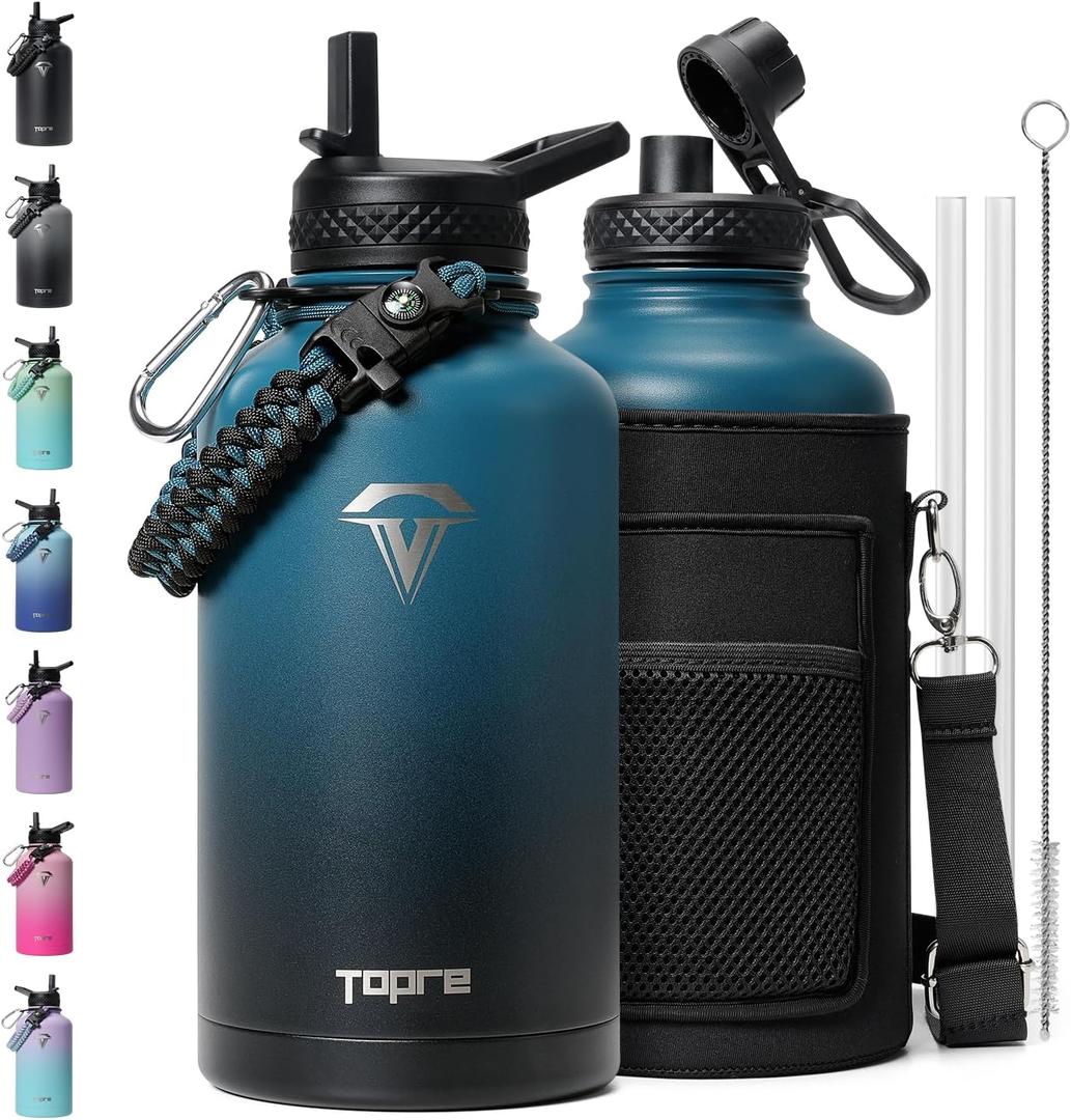 64 oz Insulated Water Bottle,Half Gallon Water Flask Stainless Steel Vacuum, Cold for 48 Hrs,BPA-Free & Leakproof -with Paracord Handle, Strap,Straw Spout Lids, Large Jug for Gym, Indigo Black