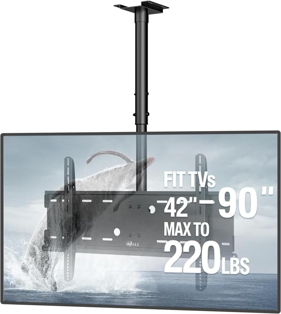 WALI Ceiling TV Mount for 42-90 inch, Hanging Adjustable TV Ceiling Mount Bracket Fits Most LED, LCD, OLED 4K TVs, Holds up to 220lbs, Max Mounting Holes 800x400mm (CM4290), Black WALI Ceiling TV Mount for 42-90 inch, Hanging Adjustable TV Ceiling Mount Bracket Fits Most LED, LCD, OLED 4K TVs, Holds up to 220lbs, Max Mounting Holes 800x400mm (CM4290), Black
