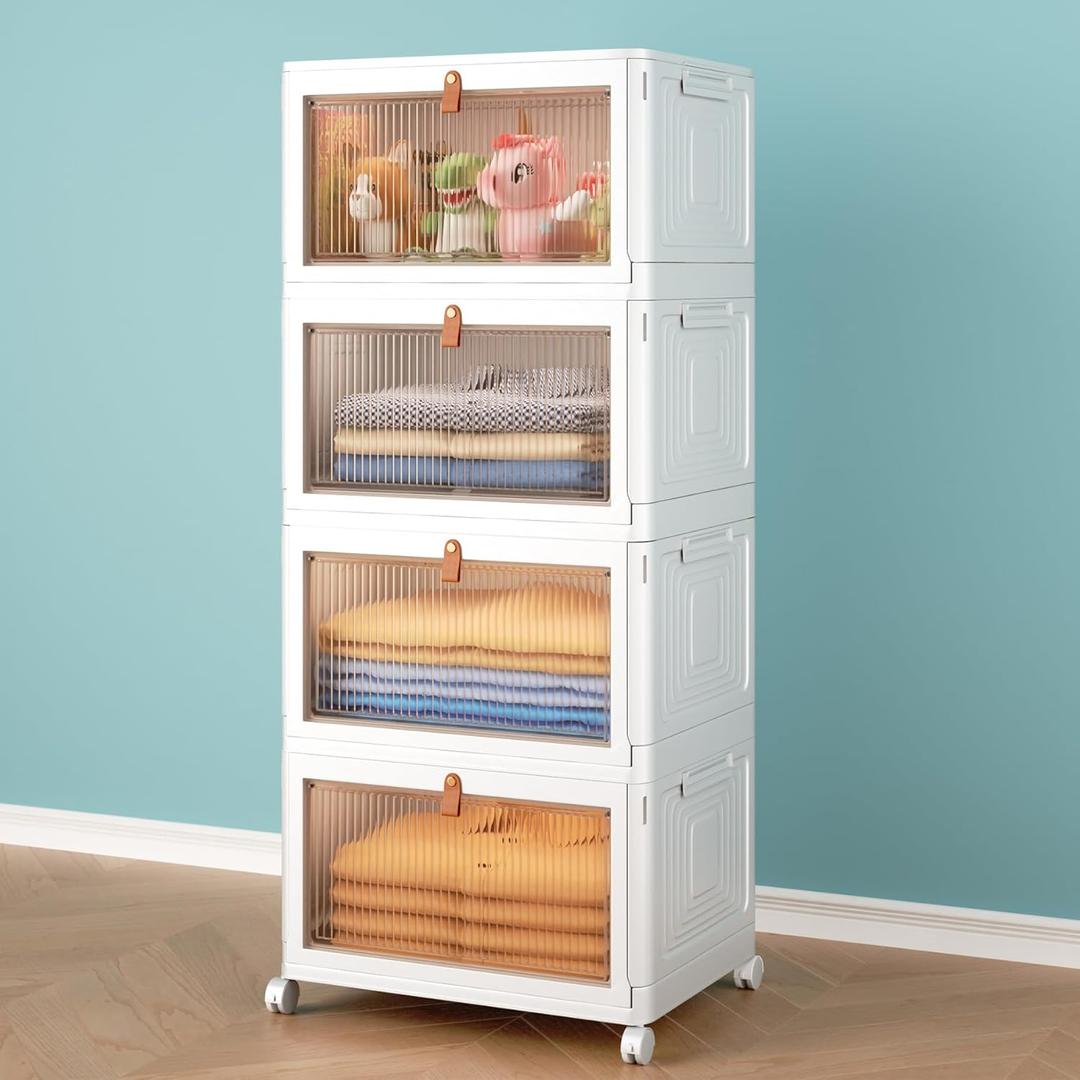 4 Tier Storage Bins with Lids, 23QT Stackable Closet Organizers and Storage with Wheels, Collapsible Storage Boxes, Foldable Plastic Storage Containers for Home,Office, Dorm Room (White)