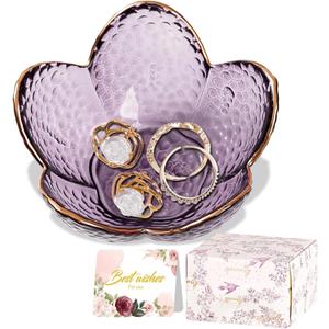 Purple Flower Jewelry Dish Glass Ring Holder Dish Jewelry Tray Cute Vanity Organizer Aesthetic Nightstand Bathroom Room Decor Trinket Dish Mothers Day Friendship Christmas Birthday Gifts for Women