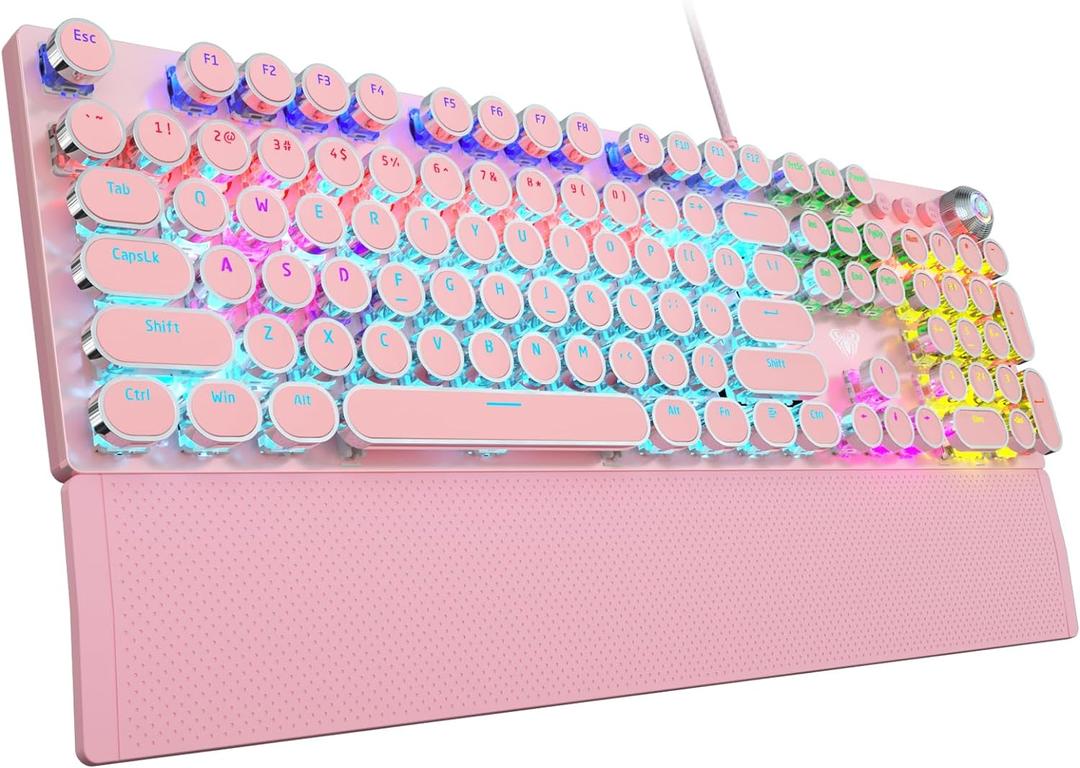 AULA F2088 Typewriter Mechanical Keyboard, Pink Retro Wired Gaming Keyboard with Blue Switches, Rainbow Backlit, Round Keycaps, Media Knob & Removable Wrist Rest