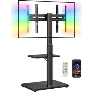 Perlegear Floor TV Stand with LED Light for 32-75" TVs, Tall TV Stand with Swivel and Tilt, 12 Height Levels TV Mount Stand, Solid Wood Base up to 110 lbs for Living Room, Max VESA 600x400mm, PGFS21B (Black)