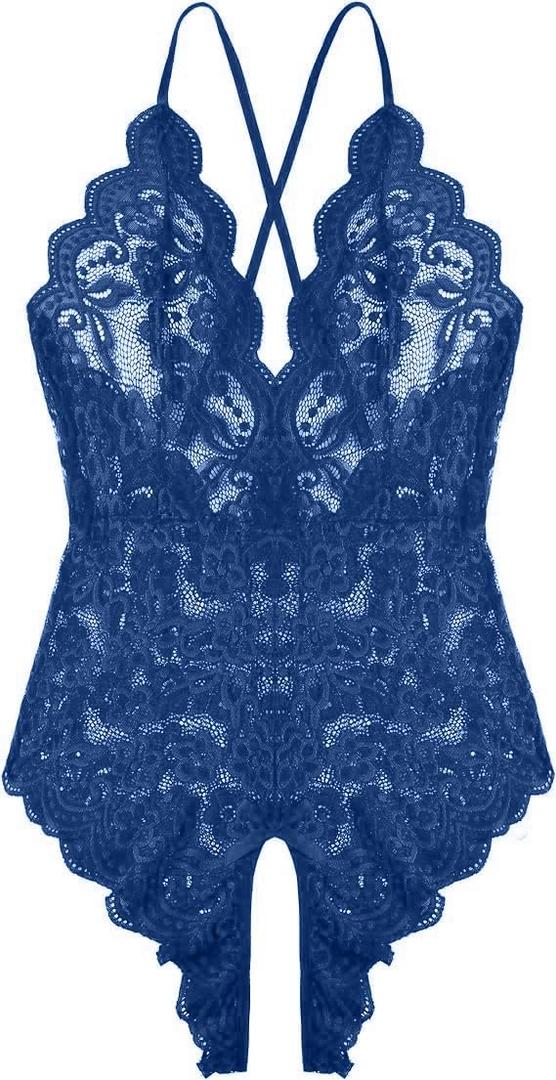Women One Piece Lingerie Sexy Teddy V Neck Bodysuit Lace Nightie (Blue, XL)