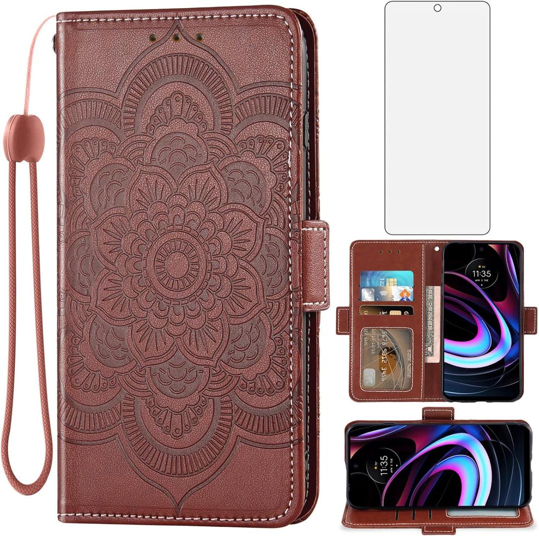 Asuwish Compatible with Motorola Moto Edge 2021/MotoEdge 5G UW Wallet Case and Tempered Glass Screen Protector Leather Flip Credit Card Holder Stand Cell Phone Cover for MotoEdge5GUW Women Men Brown
