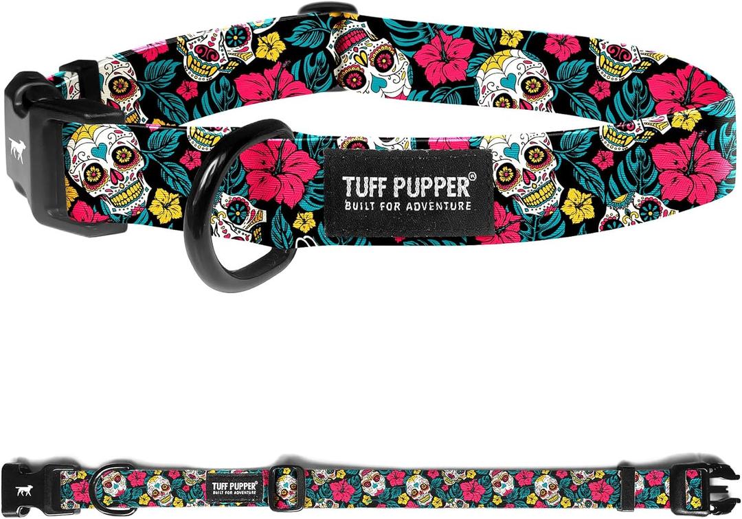Tuff Pupper Premium Adjustable Dog Collar for Medium Boy & Girl Dogs, Stylish Pattern Collars Designed in USA, Quick Release Buckle, DayoftheDead Print, Medium (1 Inch Wide x 13-18 Inch Neck)
