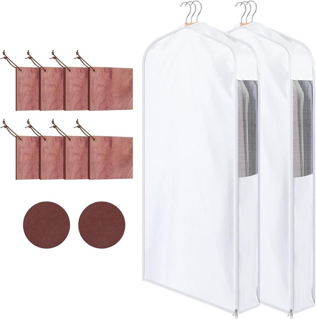 Briwooody 2 Sets Long Cotton Breathable Garment Bags with Cedar Blocks, Moth Proof Bags for Hanging Clothes Gowns Dress Coats Uniforms, Closet Storage, Clothing Protector (40 x 24 x 6 Inch,White)