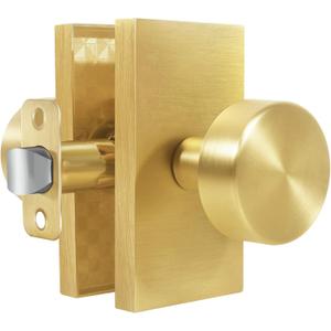 Satin Brass Zinc Alloy Passage Door Knob, Round Lever Handle with Rectangular Backplate, Hallway Closet Bedroom Bathroom Interior Hardware, Pack of 1