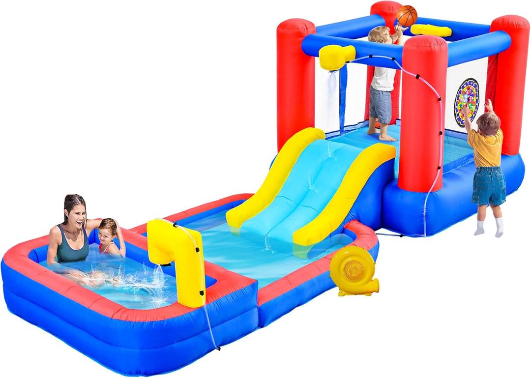 Inflatable Bounce House with Water Sprayers, Water Slides Park with Blower, Dartboard, Basketball Hoop, Deep Pool