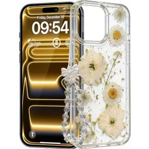 for iPhone 14 Case, [Real Daisy White Flower & Gold Foil][with Luxury Bracelet Wrist Strap] Floral Design, Clear Soft TPU for Women and Girls