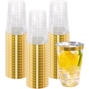 I00000 50 Pack 20 oz Gold Plastic Cups, Elegant Gold Rimmed Plastic Cups, Disposable Cocktail Glasses Wine Glasses, 20 oz Premium Tumblers Perfect for Birthday, Party & Wedding
