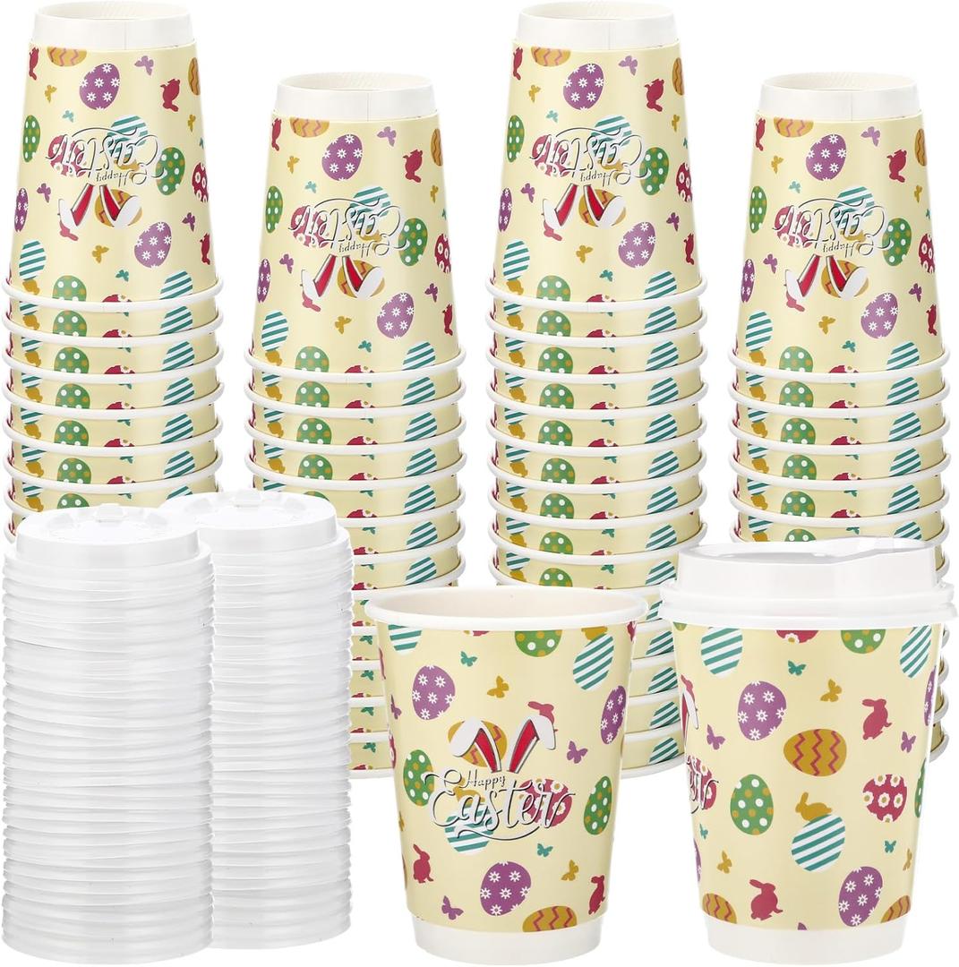 80 Pack Easter Disposable Coffee Cups with Lids 12oz Hot Cold Easter Egg Bunny Paper Drinking Cups for Spring Party Supplies