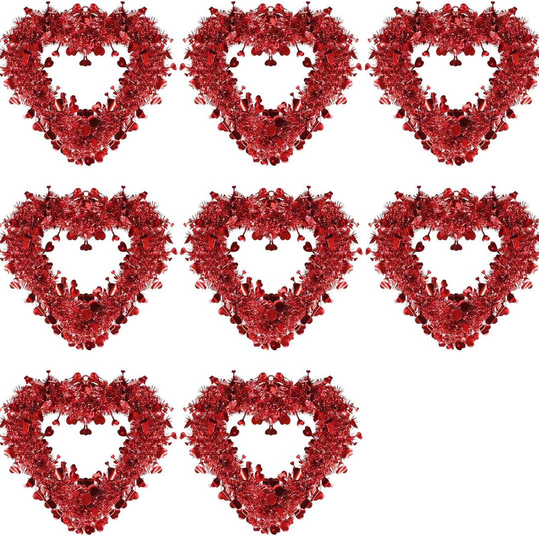 8 Pack Valentine Heart Wreaths Red Purple Tinsel Wreaths with Foil Hearts Hanging Valentine's Day Decorations for Wedding Birthday Party Front Door Wall Window Mantel Decor (Red)