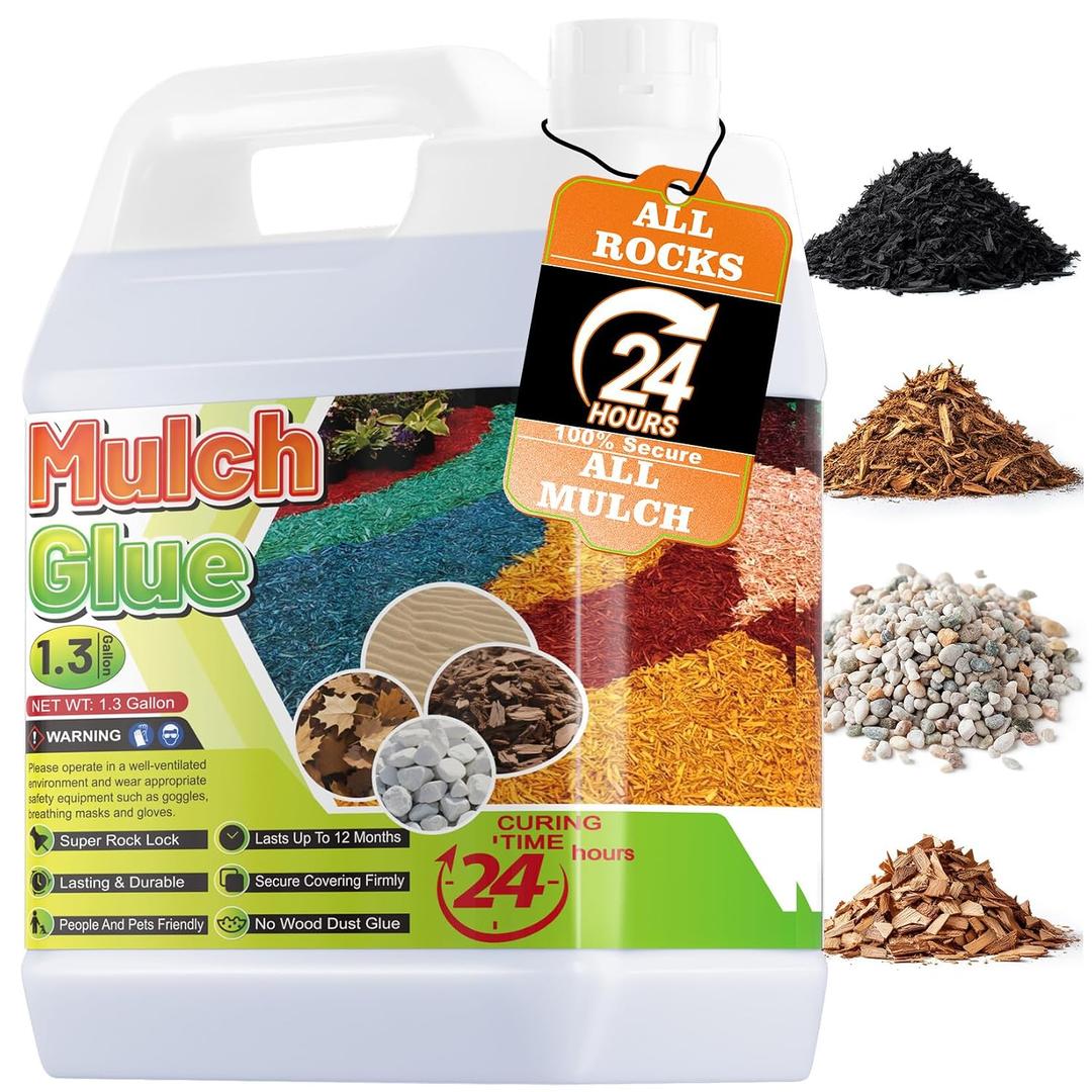 Mulch Glue for Landscaping - 1.3 Gallon Pea Gravel Glue, Pet-Friendy Stone Sealer, Stabilizer Mulch Adhesive for Pebble, Rubber, Garden Pathway, Landscape, Patio, Direct to Use