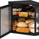 viewcare Corner Bread Box for Kitchen Counter, Bamboo Wood Black Bread Box, Large Capacity Bread Storage Bin with Acrylic Wavy Door Panel (Black, Meduim)