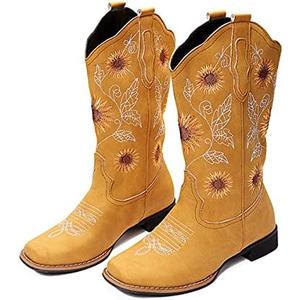 gloryinterest Cowboy Boots for Women Mid Calf Cowgirl Western Boots Sunflower Embroidery Stitched Square Toe Low Heel Black Brown Yellow US6-10.5, Size: 42