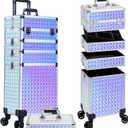 AROUS 5 in 1 Rolling Makeup Train Case Cosmetology Case on Wheels Large Cosmetic Organizer Travel Cart for Hairstylist Artist Nail Beauty Salon Barber,Silver (EXP 09/24/33)