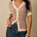 SweatyRocks Women's V Neck Striped Button Down Cardigan Casual Short Sleeve Crochet Sweater (S)