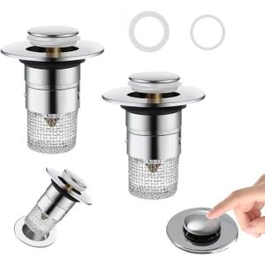 3 x Bathroom Sink Drain Strainer, Pop Up Sink Drain Strainer with Removable Stainless Steel Filter Basket Hair Catcher, Universal Drain Plug for Bathroom Sink Stopper Replacement (2 pcs)
