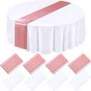 Tudomro 8 Pcs White and Rose Gold Round Plastic Tablecloth and Satin Table Runner Set 84 Inch Round Covers 12 x 108 Inch Table Runners for Wedding Birthday Party Baby Shower Anniversary
