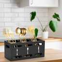 2 x Grey Washed Mango Wood Flatware Caddy with Metal Handles - 3 Compartment Organizer Box for Silverware, Sauce Spoon, Tongs and More (BLACK)