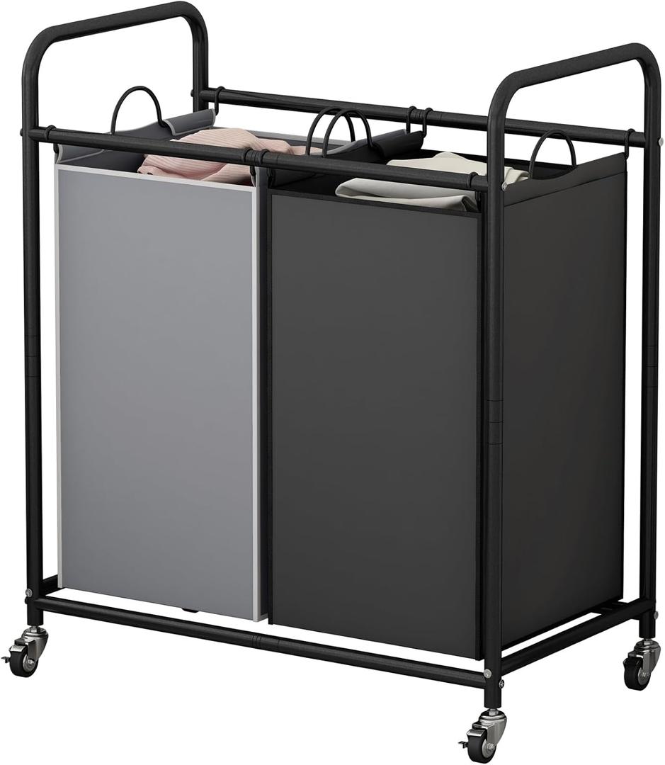 SUOERNUO Laundry Hamper Basket 2 Bag Laundry Sorter Cart with Rolling Lockable Wheels and Removable Bags Laundry Organizer Cart for Clothes Storage (Black+Grey)
