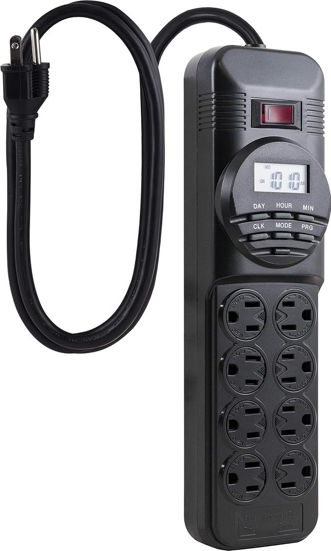 GE 7-Day Digital Power Strip with Timer, 15 AMP, 1800W, 120V, 8 Outlet Timer, 4 Timed / 4 Always On Extension Chord with Timer, Custom Indoor Light Timer, Daily/Weekly Power Strip Timer, Black, 15077