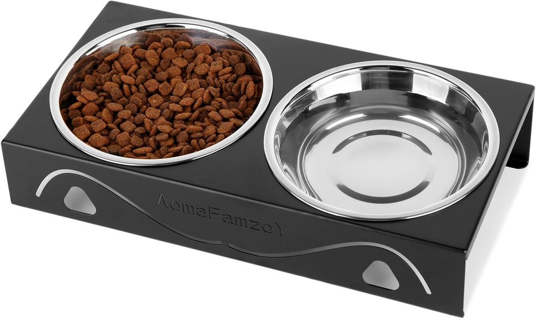 Elevated Cat Bowls 5 Tilted Raised Pet Food Water Bowl Set, 2 Thick Stainless Steel 13.5 oz Cat Dishes Feeder Shallow Wide Cute Whisker Friendly for Indoor Kitten, Small Dogs, Puppy,Black