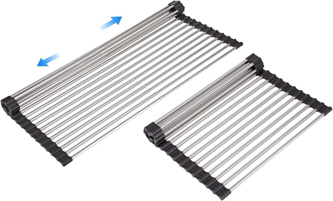 Large Telescopic Drain Rack Roll Up Rack Heat-Resistant Dish Drainer Kitchen Sink Rack Over the Sink Dish Drying Rack Stainless Steel Dish Rack (18 Tube 21.25''x12.79'')