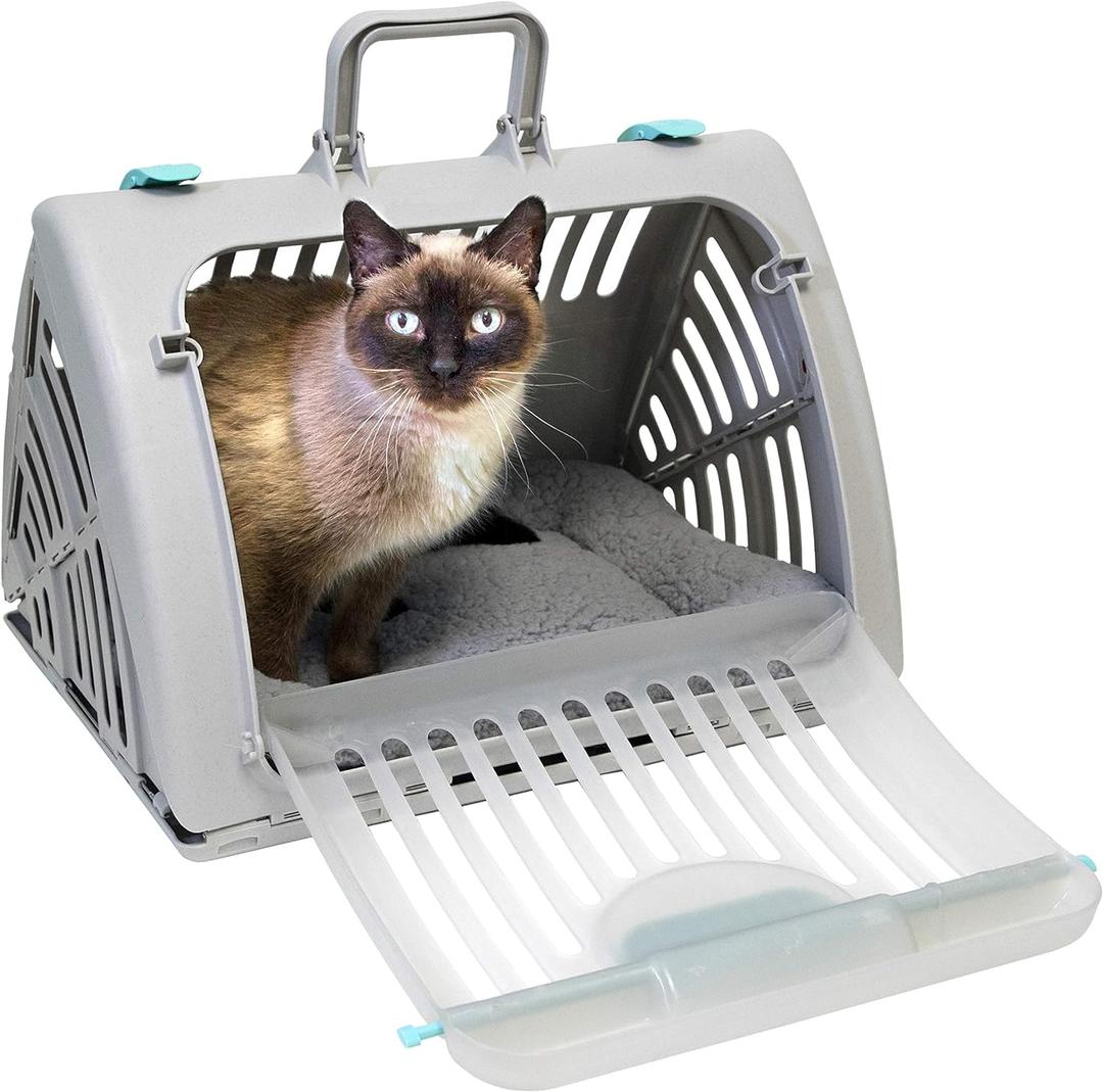 SportPet Large Hard-Sided Travel Cat Carrier - Cat Carrier with Patented Wide Side-Opening Door, Foldable Portable Pet Carrier with Removable Bed for Cats & Small Pets up to 25lbs - Gray