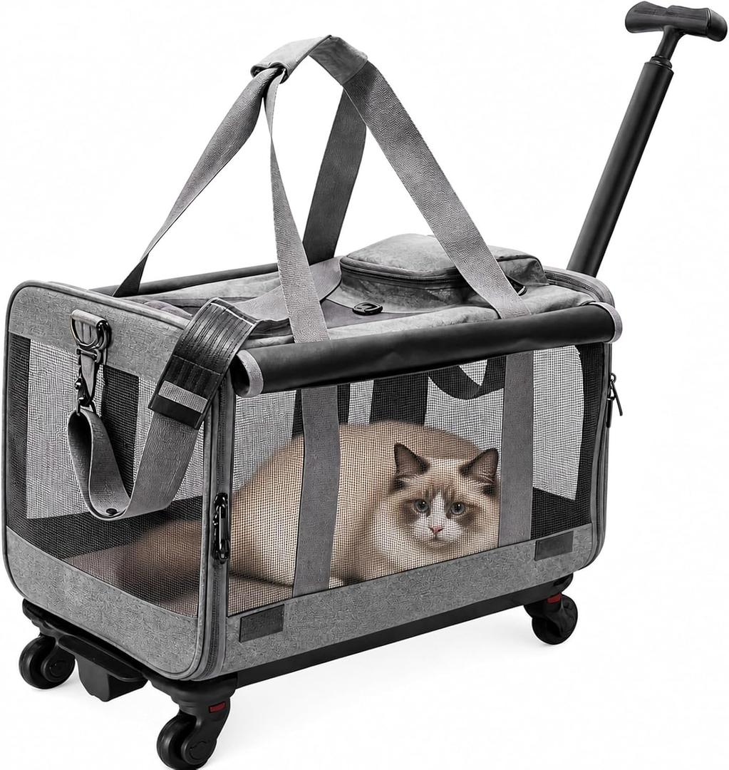 Rolling Cat Carrier with Detachable Wheels, Soft Sided, Gray