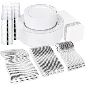 Supernal 400pcs Silver Plastic Dinnerware Set Heavy Duty Disposable Plates Include Silver Plastic Dessert Plates,50 Spoons & Knives & Cups & Napkins & 100 Forks,Prfect For Party and Wedding