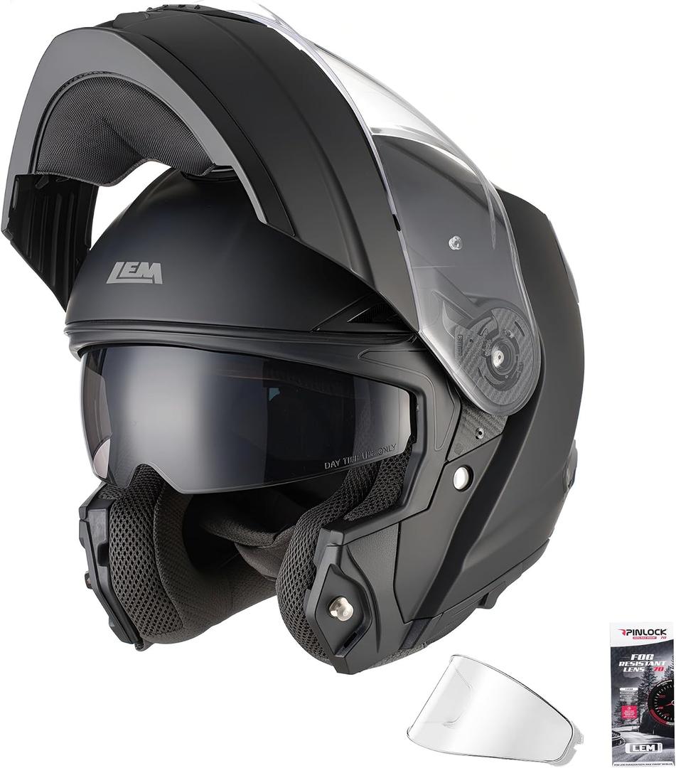 LEM Motorcycle Helmets Modular Fiberglass, Full Face Motorcycle Helmet Flip Up, DOT Certified, Release Sun Visor & Removable Liner, Lightweight Street Bike Helmet (Matte Black,M) LF04 Carver