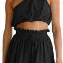 Imily Bela Womens 2 Piece Outfits Linen Matching Sets Two Piece Crop Tops and Paper Bag Waist Shorts Sets 2025 Summer Outfits (Small, Black)