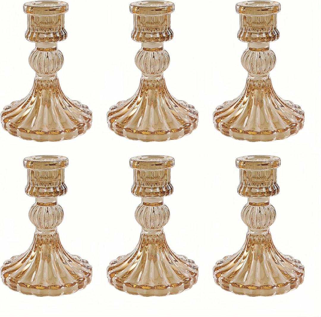 Glass Candlestick Holder,Striped Taper Candle Holders,Set of 6 Candle Stand for Table Centerpieces, Home Decor,Weddings,Festival and Parties (Amber Stripe Pattern)