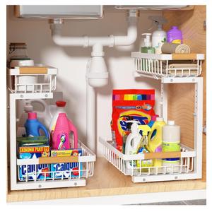 Under Sink Organizer 2 Pack, 2 Tier Slide Out Large Capacity Height Adjustable Under Sink Organizers and Storage for Kitchen Bathroom Cabinet, White