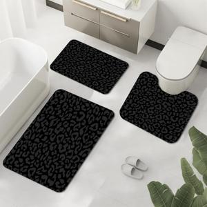 Black Leopard Print Bath Mats for Bathroom Set of 3, Modern Shower Mat with Non-Slip Bottom, Absorbent Quick-Dry Cheetah Print Restroom Decor for Toilet, Washable Bathroom Rug Set, 3PCS