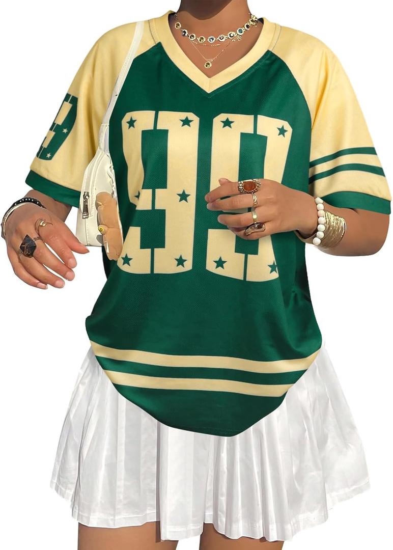 Jersey Shirts for Women Oversized Number Graphic Jersey Shirt Y2k Streetwear V Neck Short Sleeve Tee Tops, Small