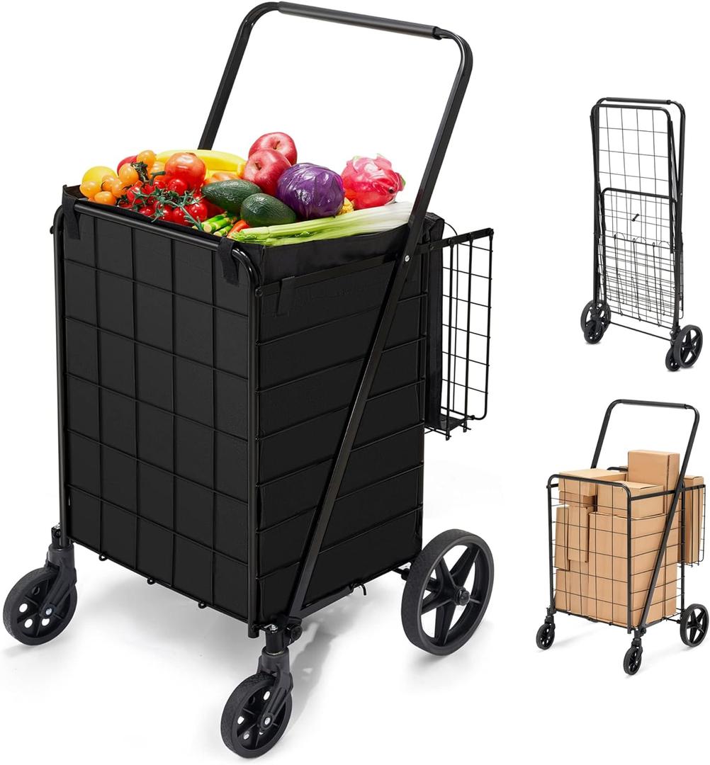 HABUTWAY Grocery Cart on Wheels with Removable Liner, Folding Shopping Cart, Heavy Duty Shopping Carts for Groceries, 360 Rolling Laundry Cart, Lightweight Trolley for Seniors 220lb Capacity Black
