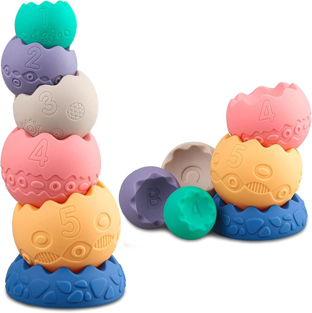 Stacking Balls Soft Toys for Babies 6 12 18 Months 1 Year Old Girls Boys - Toddlers Sensory Educational Montessori Baby Blocks - Infant Newborn Teething Learning Stacker Cups-Easter Basket 6 Pcs