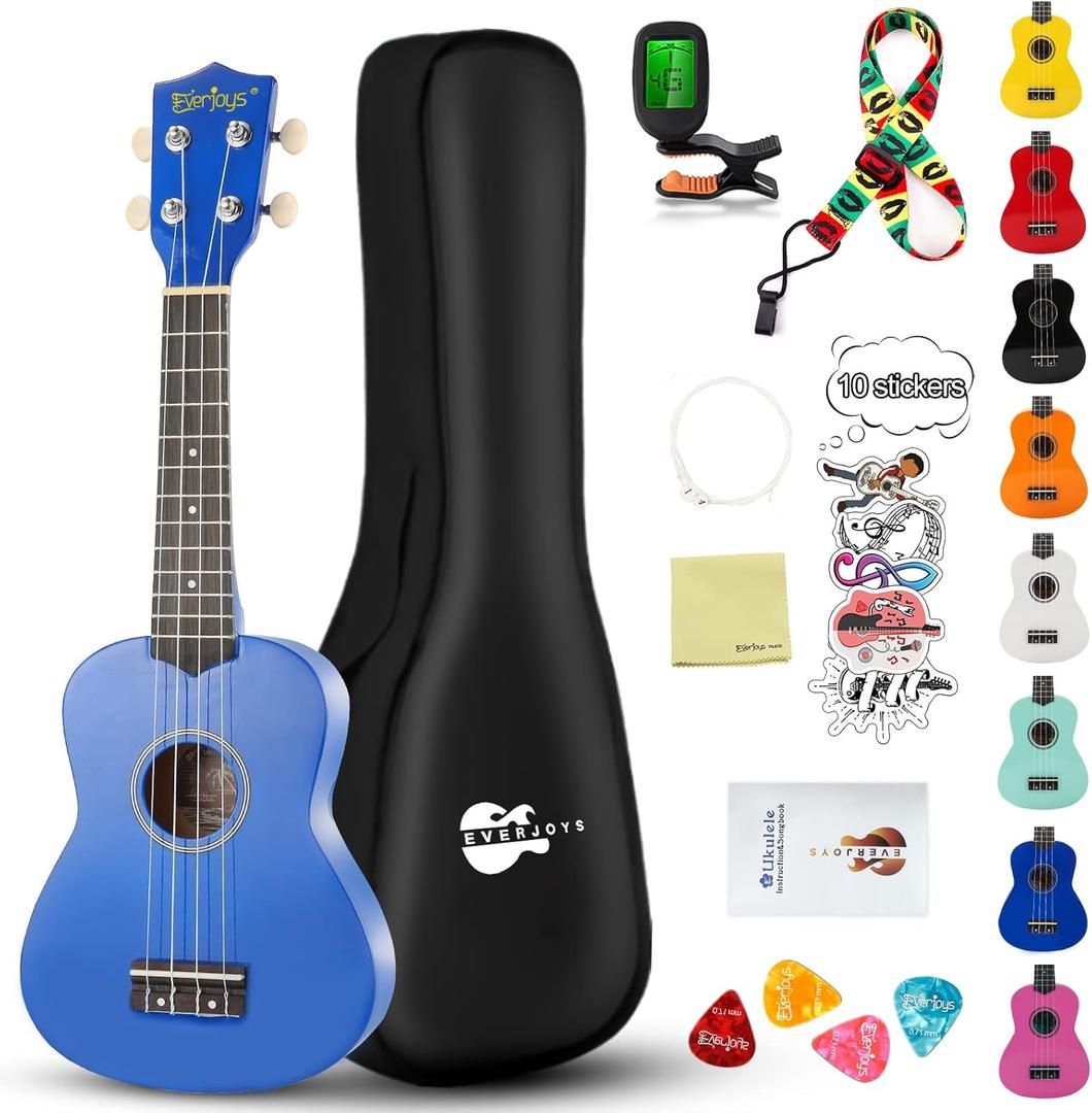 Soprano Ukulele Beginner Kit for Kids Adult Student 21 Inch Ukelele w/Free Online Lesson Gig Bag Strap String Tuner Songbook Pick Polishing Cloth, Rainbow Series Ukalalee(Shinny Blue