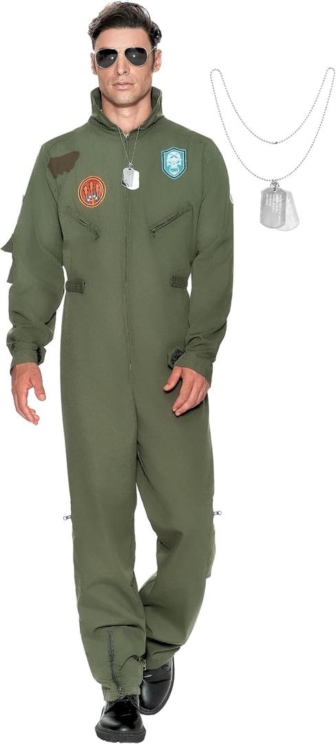 Spooktacular Creations Halloween Flight Suit Men, Fighter Pilot Costume Men for Adult Halloween Dress Up Party Cosplay, Role-Playing Cosplay Party (Large)