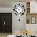 Decorative Wall Clock for Living Room Decor Big Luxury Black Modern Crystal Wall Clock with Pendulum Battery Operated Non Ticking Large Silent Metal Clock for Kitchen Office Bedroom, 14 Inch