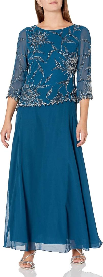 J Kara Plus Size Womens Scoop Neck Line with 3/4 Sleeve Beaded Top Long Dress Size 16 