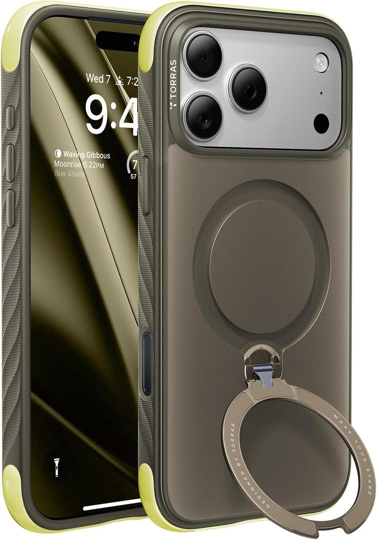 TORRAS Q3 Rugged for iPhone 17 Pro Max Case with 360 Magnetic Stand, [Tough 7X Mil-Grade Protection] Fit for MagSafe, [Anti-Slip Grippy Sides] Camera Control Button,Microfiber Lining, Moss Green