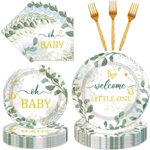 Sage Green Baby Shower Decorations - 96PCS Sage Plates and Napkins Party Supplies Welcome Little One Green Baby Shower Disposable Paper Tableware Set Serves 24 Guests