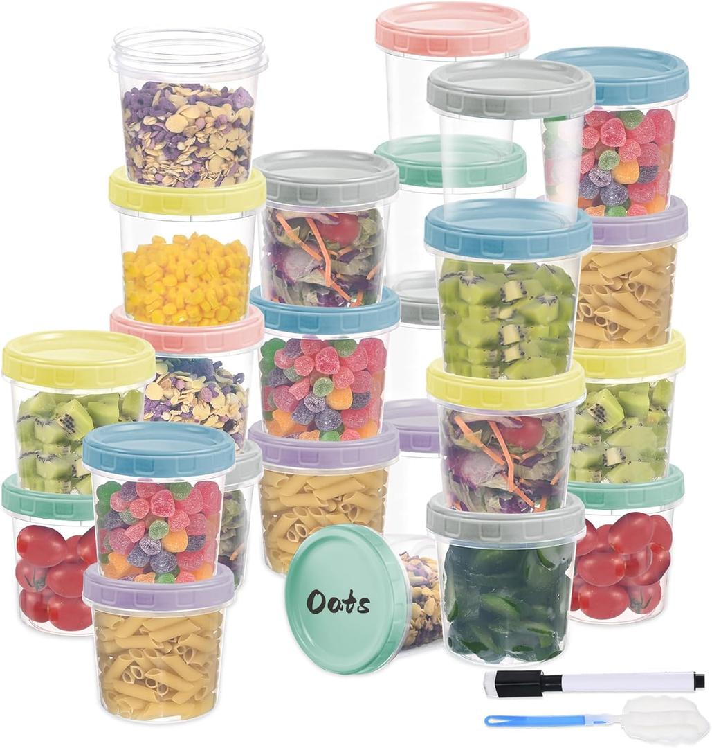Yomarket 24pcs 16 oz Plastic Deli Containers with Screw Lids, Small Freezer Container Reusable 2 Cup Food Storage Container with Pen & Brush for Snack Salad Fruit, Microwave & Dishwasher Safe BPA Free