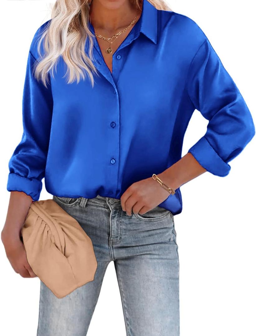 Chigant Women's Blouse Satin Silk Shirts Button Down Shirts Casual Loose Long Sleeve Office Work Tunic Tops (X-Large, Royal Blue)
