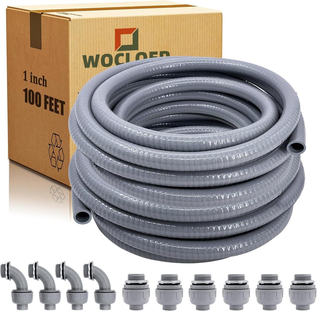 Liquid-Tight Conduit - 1inch 100 Foot Flexible Non Metallic Liquid Tight Electrical Conduit Kit, with 6 Straight and 4 Angle Fittings Included. 1" Dia