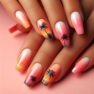 4 x 24Pcs Coconut Tree Press-on Nails Medium Square Coffin ABS Acrylic False Nails Pink Orange Gradient French Tip Summer Beach Sunset Full Cover Glue-on Nails Stick-on Nails for Women