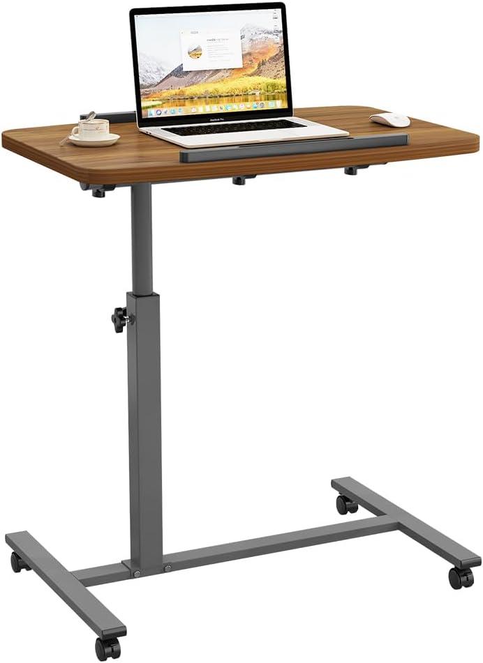 Laptop Table Mobile Adjustable Height Portable Desk Notebook Swivel PC Computer Rolling Desk with Wheels, Laptop Stand for Couch Bedside Hospital Bed Table (Light Walnut)